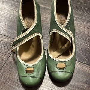 Vintage Fly London, green and white wedge Mary Jane’s peekaboo toe. Worn once.